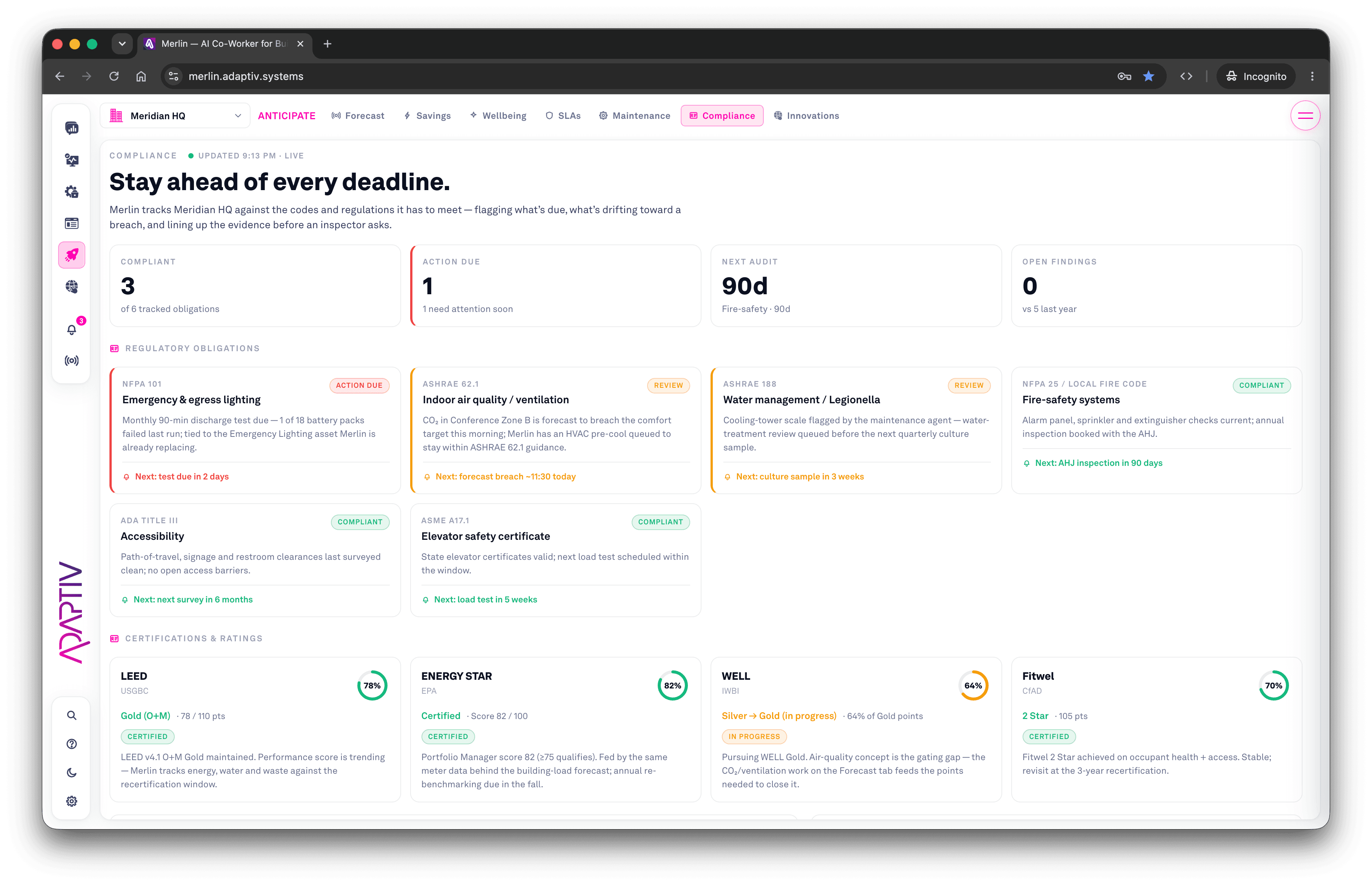 Merlin's compliance view — tracked obligations, upcoming audits, and live certification progress against WELL, LEED, BREEAM and ISO